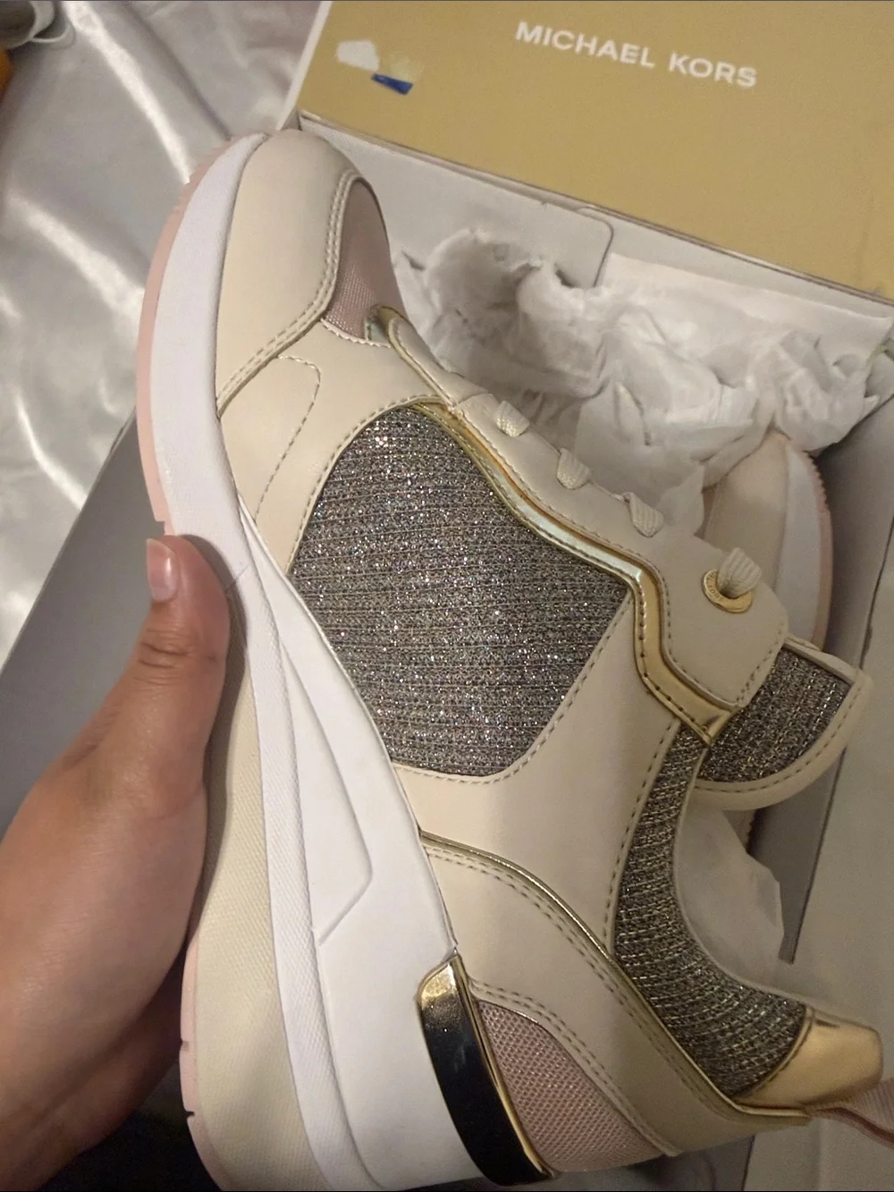 Michael Kors Cream, Pink & Gold Glitter Platform Sneakers - Picture 2 of 6